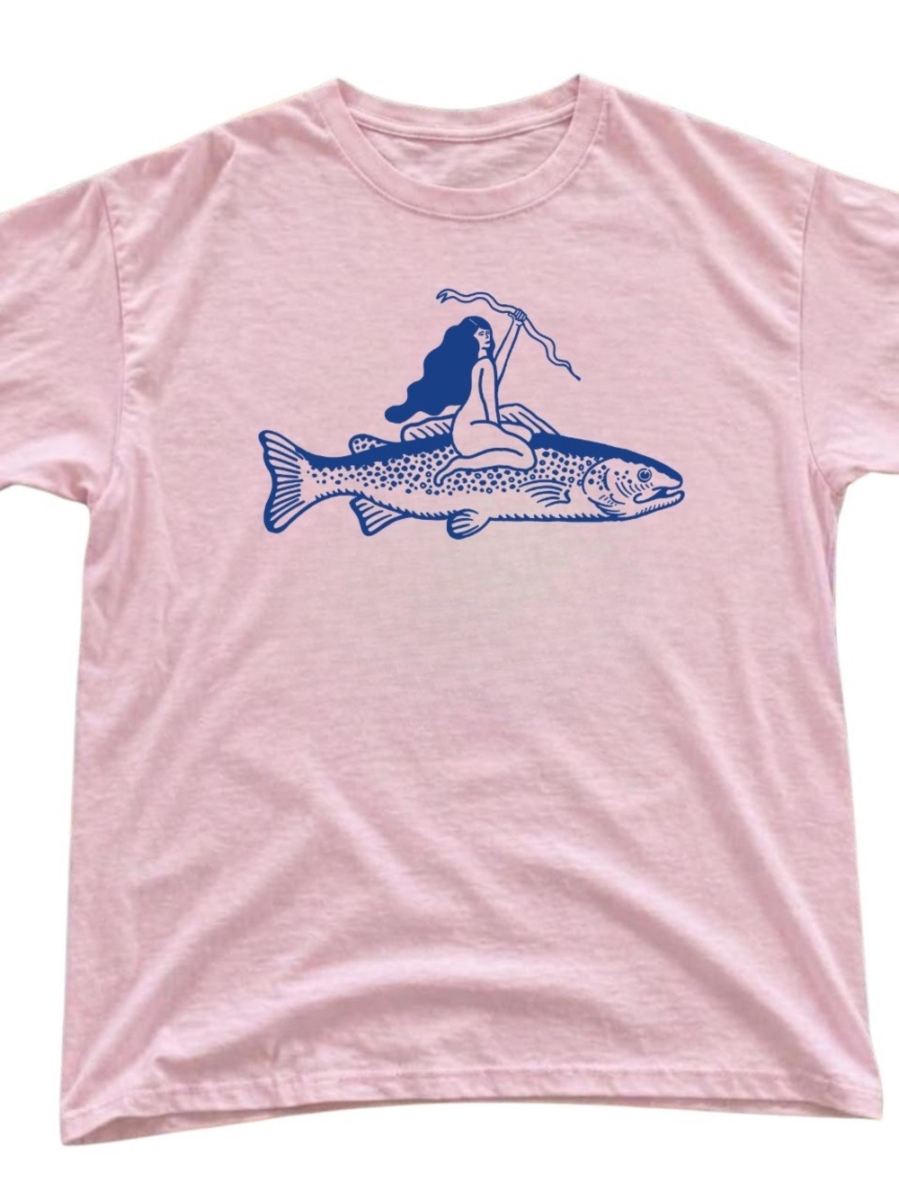 Gildan Pink Short Sleeve Tee with Blue Mermaid-on-Fish Graphic